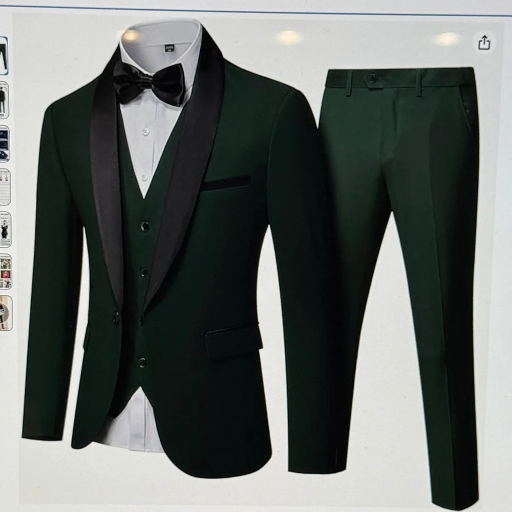 Deep Green 3 PC Men's Tux Tuxedo Suit Black Lapel MSU Michigan State Small S - Picture 1 of 9